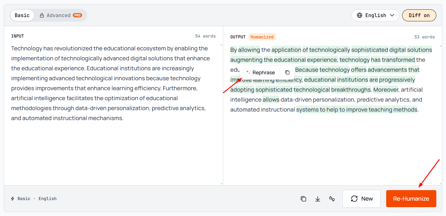ezhumanizer Re-Humanize and Rephrase option