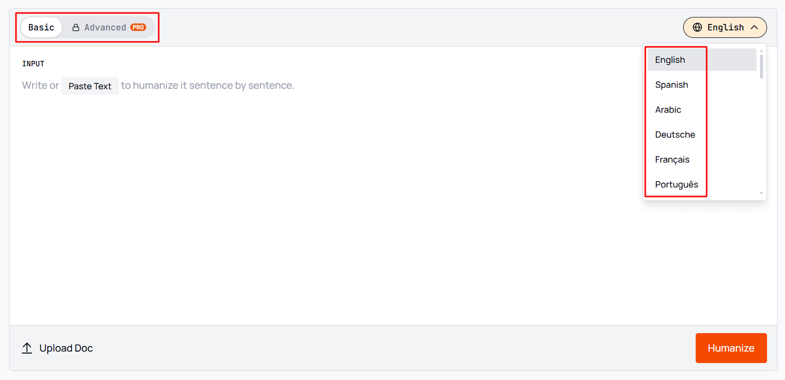 ezHumanizer Select mode and language