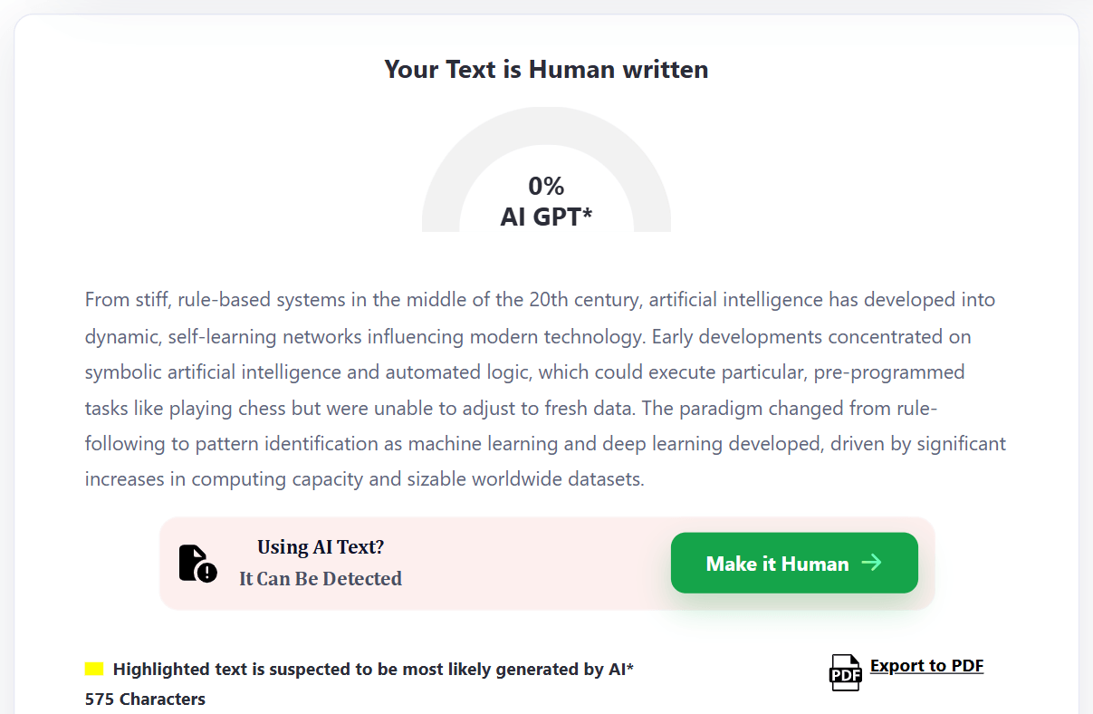 ZeroGPT result for ezHumanizer humanized text